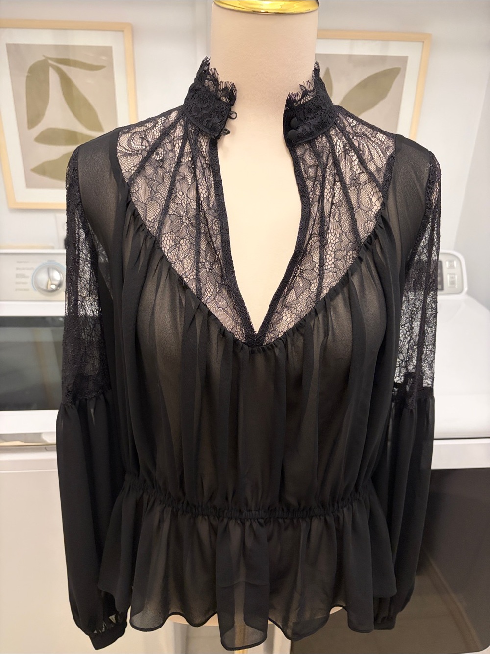 Used Express Black Lace-Trim Sheer Blouse
